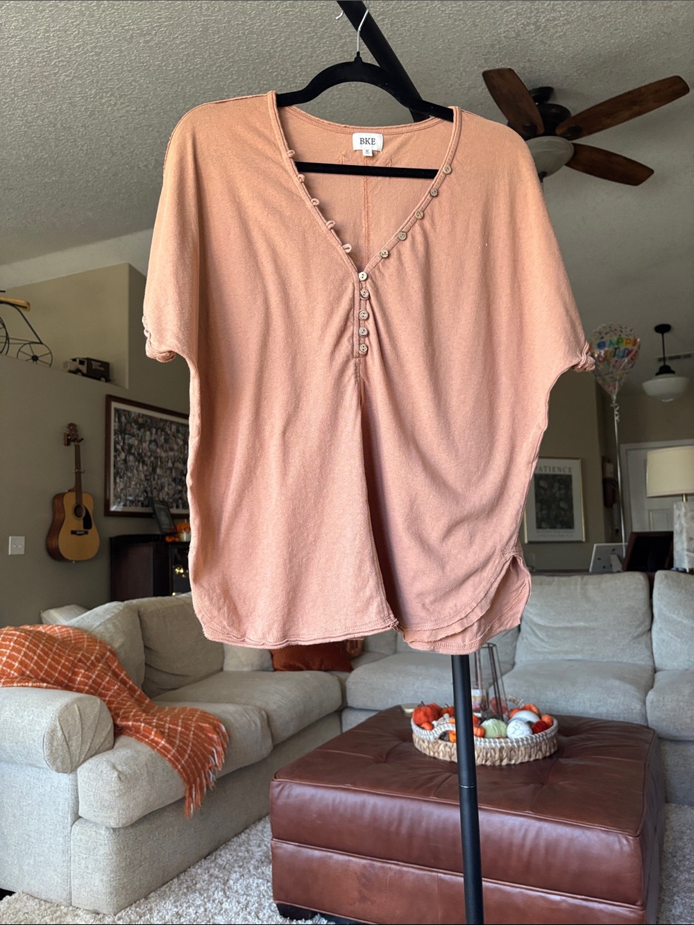 BKE Peach Short-Sleeve Button-Trim Top